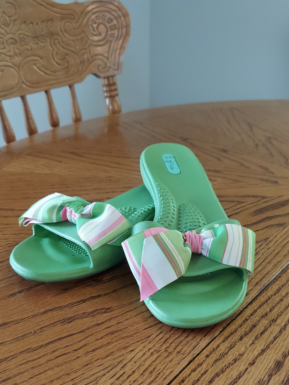 Oka B Green Slide Sandals with Striped Bow